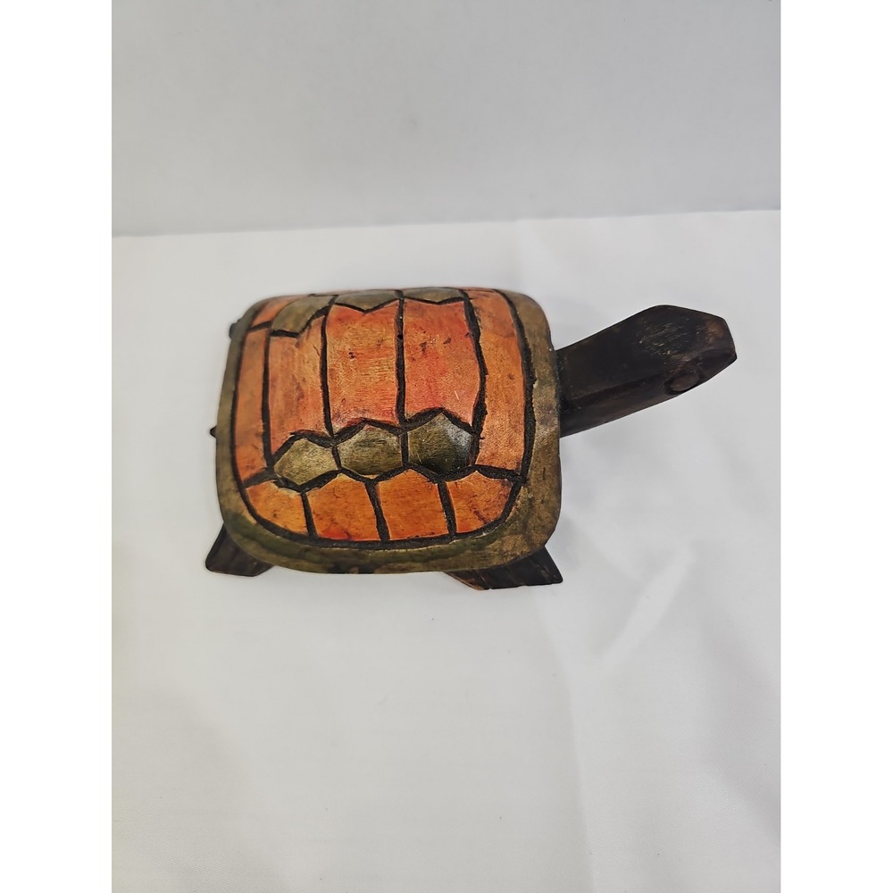 Vintage Hand Carved Painted Wooden Turtle Figurine Folk Art Tropical Decor 6"